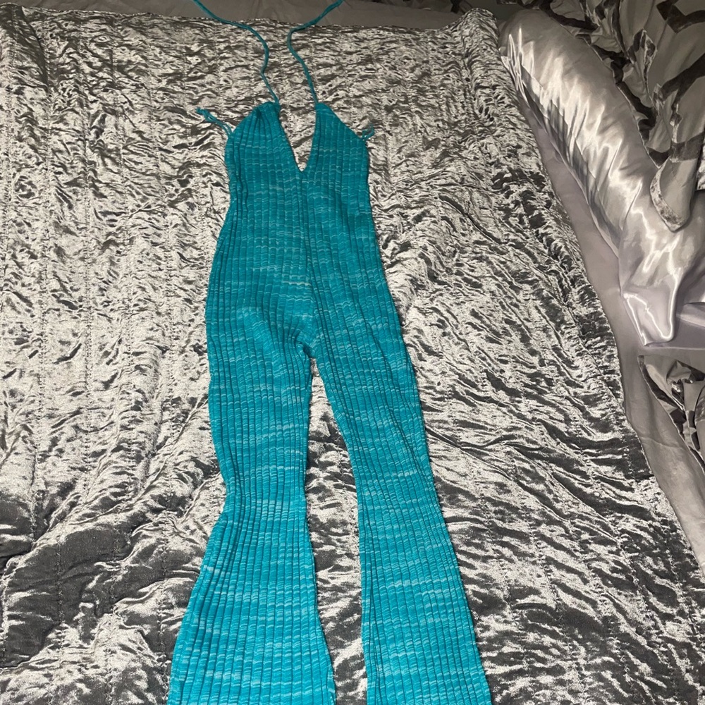 Backless bell bottom romper